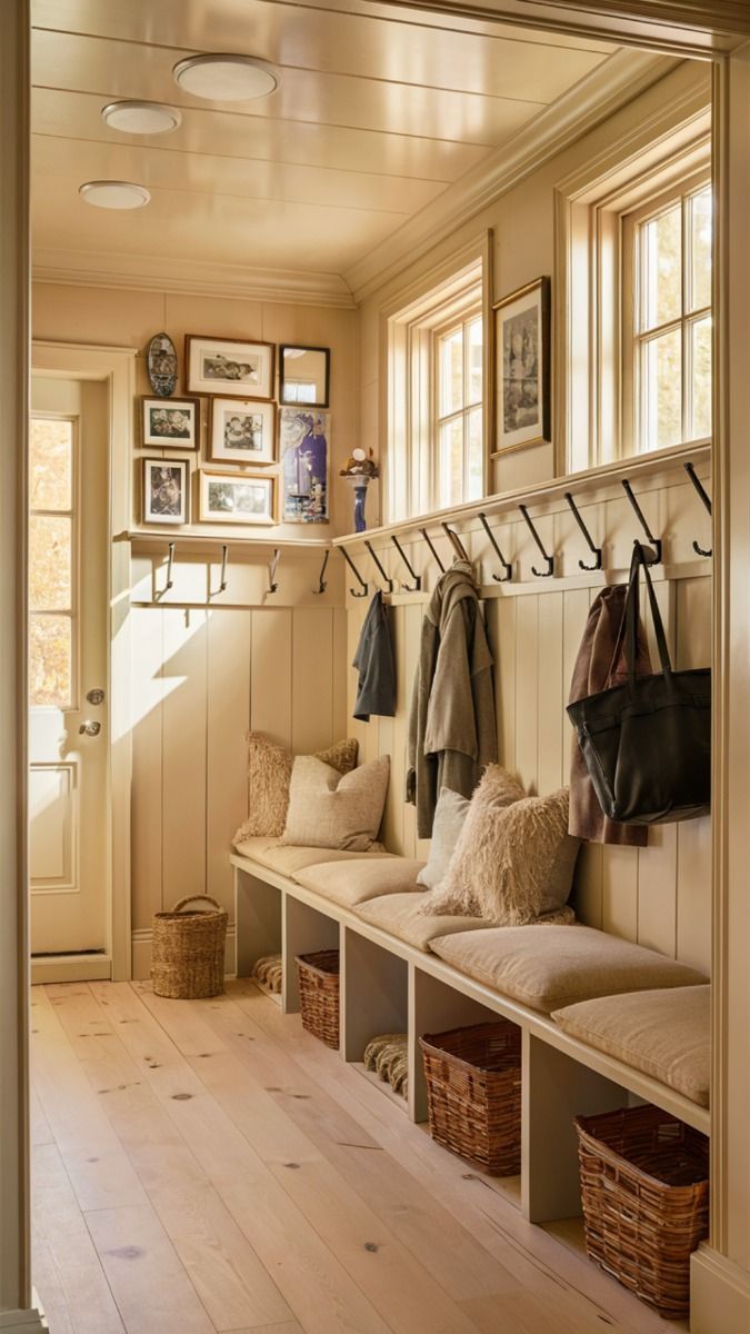 a bench with several coats hanging on the wall and two baskets under it in front of a window