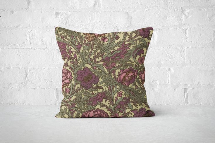 Create a luxurious atmosphere with this plum purple and moss green floral pillow cover, inspired by the timeless designs of William Morris. This rich pillow case is perfect for adding depth to your living room or bedroom and is made from high-quality materials for lasting elegance. Please note, pillow insert not included. - 100% Spun Polyester cover - Made from specially spun polyester threads, it retains it's shape, doesn't wrinkle so doesn't require ironing - Double sided print - Concealed zipper - Pillow not included Care Instructions Remove the pillows cover if it's removable. Pre-treat the stains with soft cloth or bristle brush that had been soaked in warm soap water. Machine wash, max 40oC, normal cycle. Do not bleach, do not tumble dry. Iron, steam or dry low heat only. Do not dry- Green And Violet Living Room, Violet Living Room, Green Floral Pillow, Green And Violet, William Morris Designs, Floral Home Decor, Green Home Decor, Floral Pillow Cover, Floral Pillow