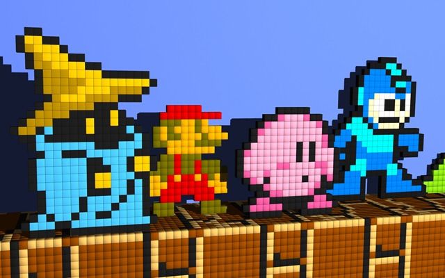 an image of a group of pixelated characters on a wall with blue sky in the background