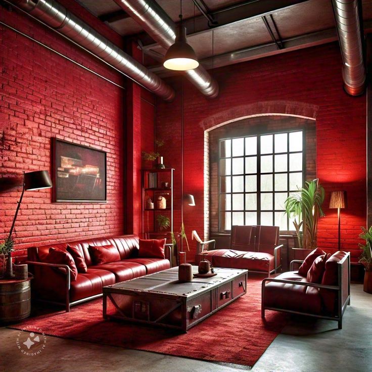 a living room with red brick walls and leather couches, coffee table, potted plant and large window