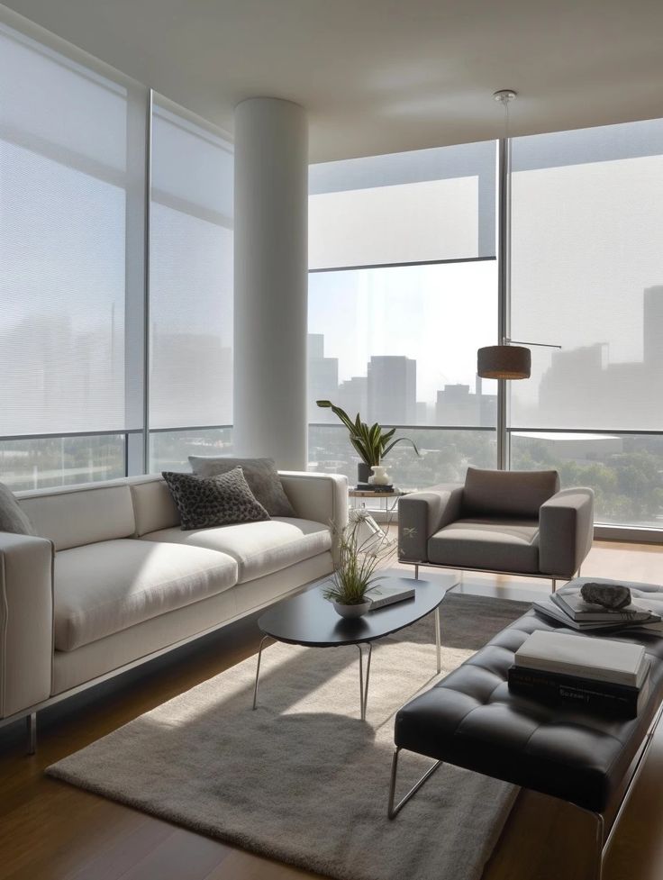 a living room filled with furniture next to tall windows covered in shades of gray and white