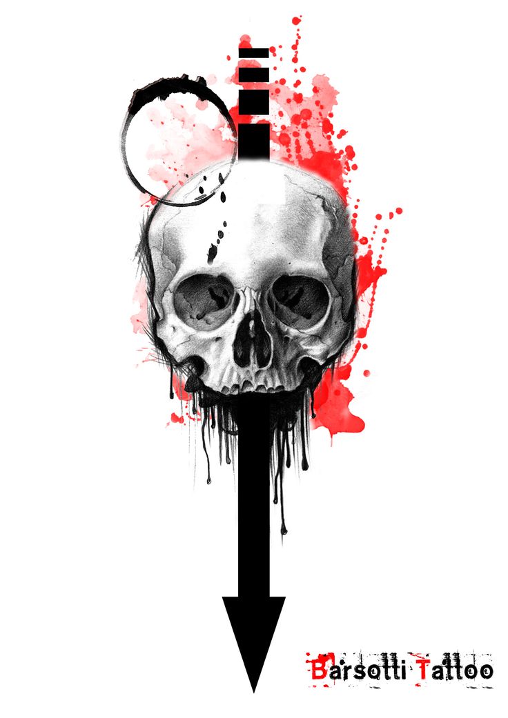 a drawing of a skull on top of a black and white arrow with blood splatters