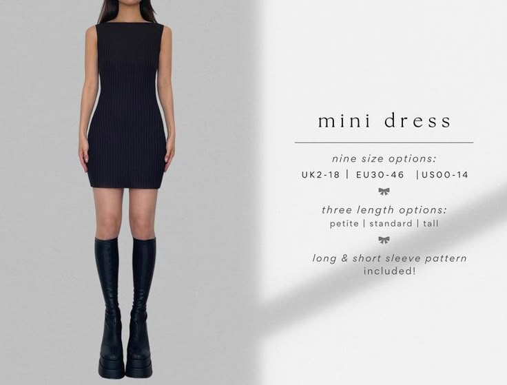 a woman in black dress and boots standing next to a white wall with the words mini dress