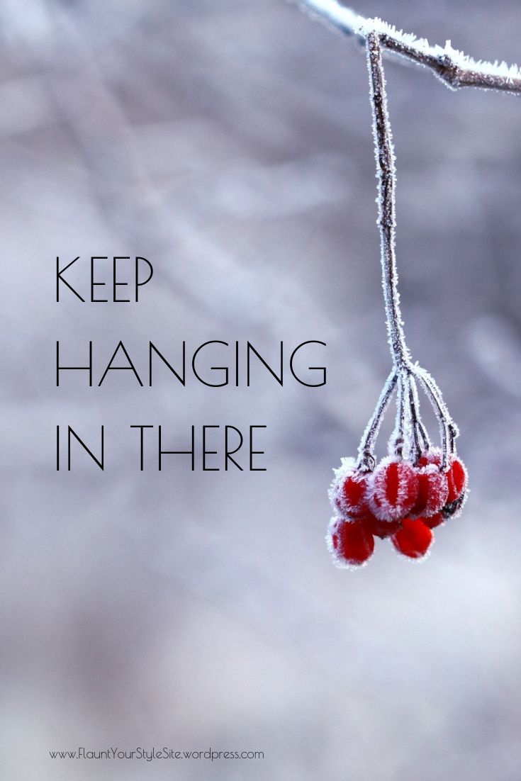 two berries hanging from a branch with the words keep hanging in there