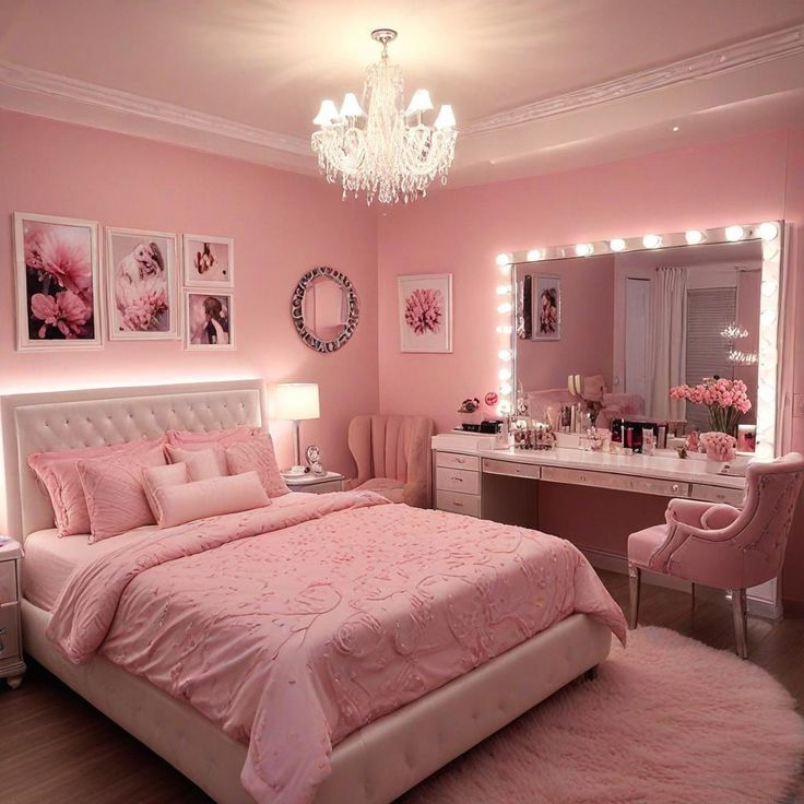 a pink bedroom with chandelier, vanity and bed in the middle is lit by lights