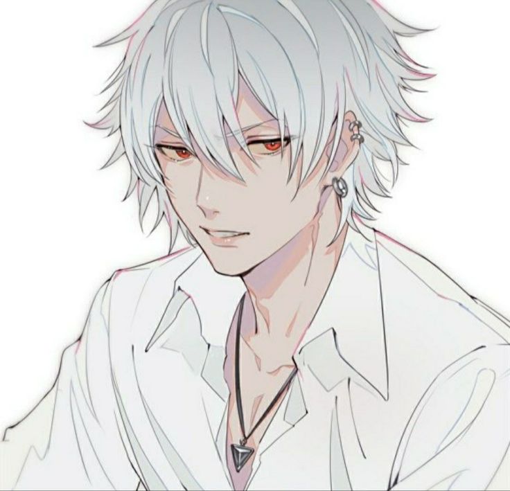 an anime character with white hair and piercings on his ears, wearing a white shirt