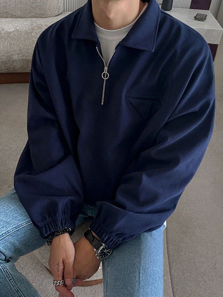 Quarter Zip Throwover | Streets of Seoul | Men's Korean Style Fashion Quarter Zip Outfit, Blue Outfit Men, Quarter Zip Men, Street Style Outfits Men, Men Stylish Dress, Guys Clothing Styles, Mens Outfit Inspiration, Cool Outfits For Men, Men's Korean Style