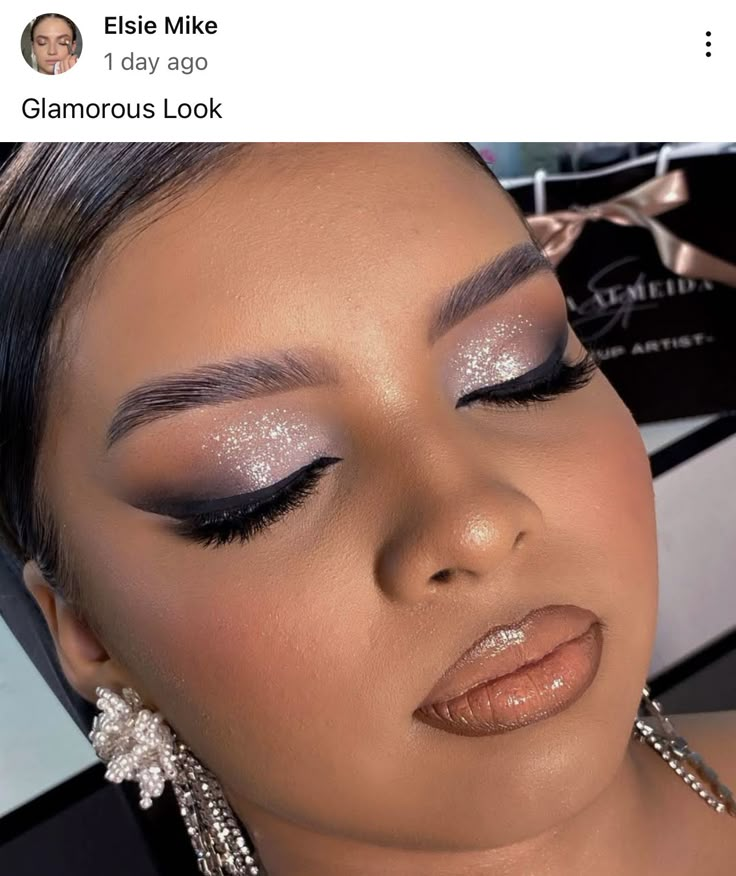 Black Tie Gala Makeup, Glam Makeup For Silver Dress, Simple Black And Silver Makeup, Purple And Silver Eye Makeup Simple, Silver Wedding Eye Makeup, Makeup With Silver Eyeshadow, Silver And Brown Eye Makeup, Gray Makeup Looks Eye Shadows, Bridal Makeup Silver