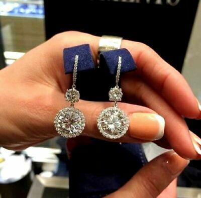 (eBay) 2Ct Round Cut Moissanite Diamond Halo Drop Dangle Earring 14K White Gold Finish Luxury Lady, Fancy Earrings, Luxury Earrings, Halo Earrings, Three Stone Engagement, Three Stone Engagement Rings, White Gold Jewelry, Drop Dangle Earrings, Diamond Drops