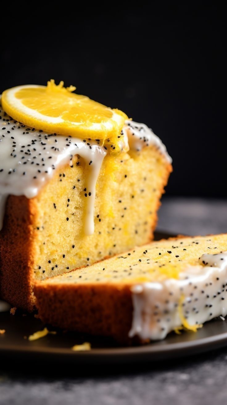 a loaf of lemon poppy seed bread on a plate