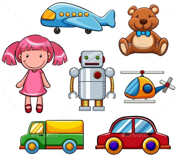 various types of toys and vehicles on a white background