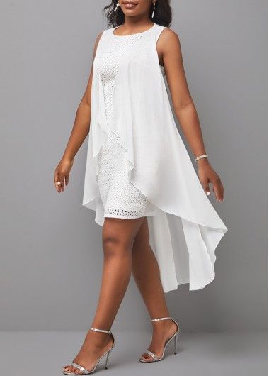 Color:White;Size:S;Size:M;Size:L;Size:XL;Size:XXL;Washing Instructions:Hand Wash;Decoration:Bodycon;Color Scheme:White;Season:Summer;Occasion:Work;Silhouette:Sheath;Sleeve&apos;s Length:Sleeveless;Dress Length:Mid Calf;Pattern Type:Embroidered;Neckline:Round neck;Package Contents:1 X Dress;Composition:100%Cotton;Clothing Length:126.00;Style:Elegant; White High Low Dress, White Party Outfit, Light Grey Dress, White Dress Party, White Party, White Sleeveless, White Outfits, Embroidered Dress, Look Fashion