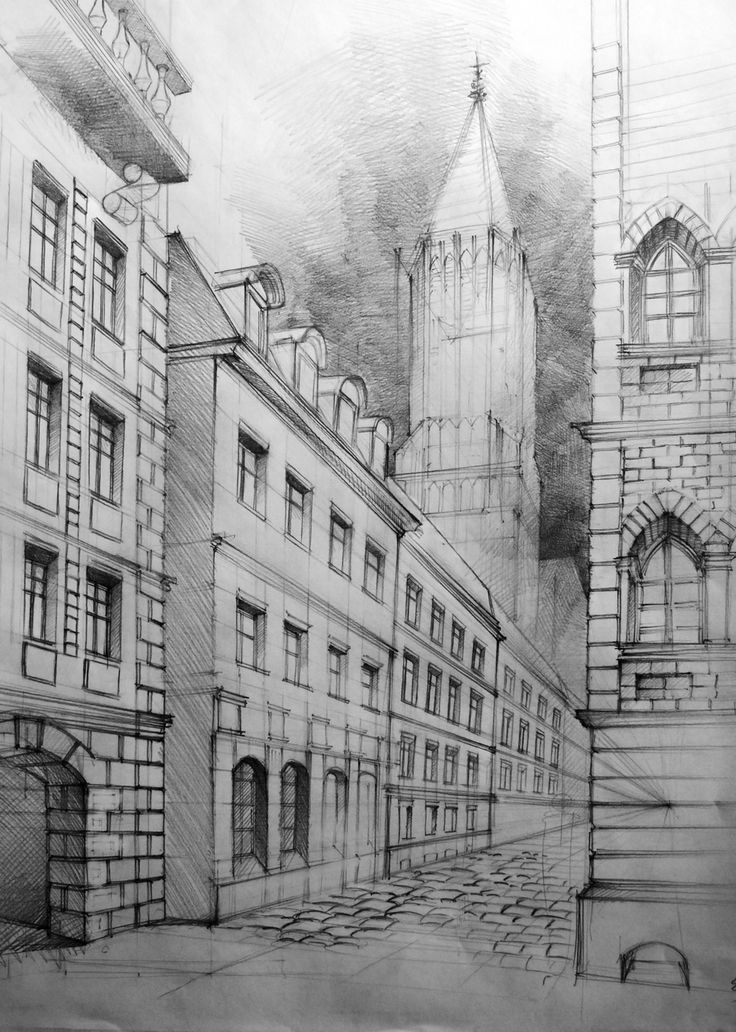 a pencil drawing of some buildings on a street