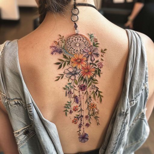 a woman's back tattoo with flowers and a dream catcher