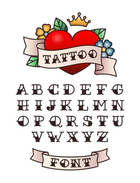 a tattoo font with a heart and flowers on it