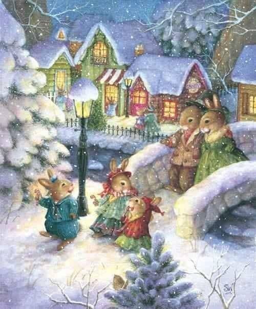 a painting of rabbits in the snow near a christmas tree and house with lights on