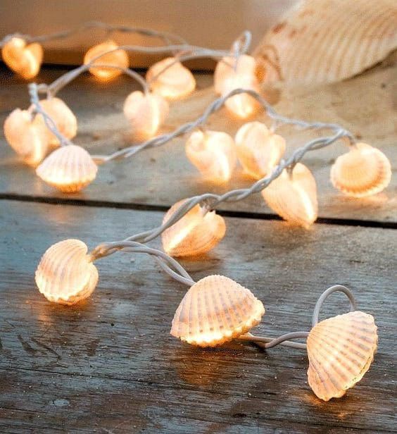 seashells are strung with white lights on a wooden table