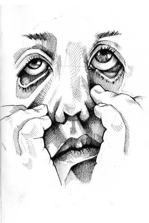 a black and white drawing of a woman's face with her hands on her chin