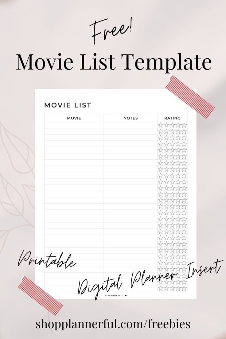 the free movie list template is shown in red and white with text overlaying it