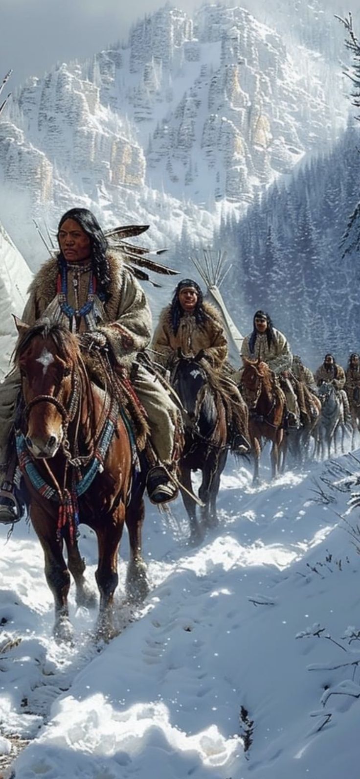 a group of native americans riding horses through the snow