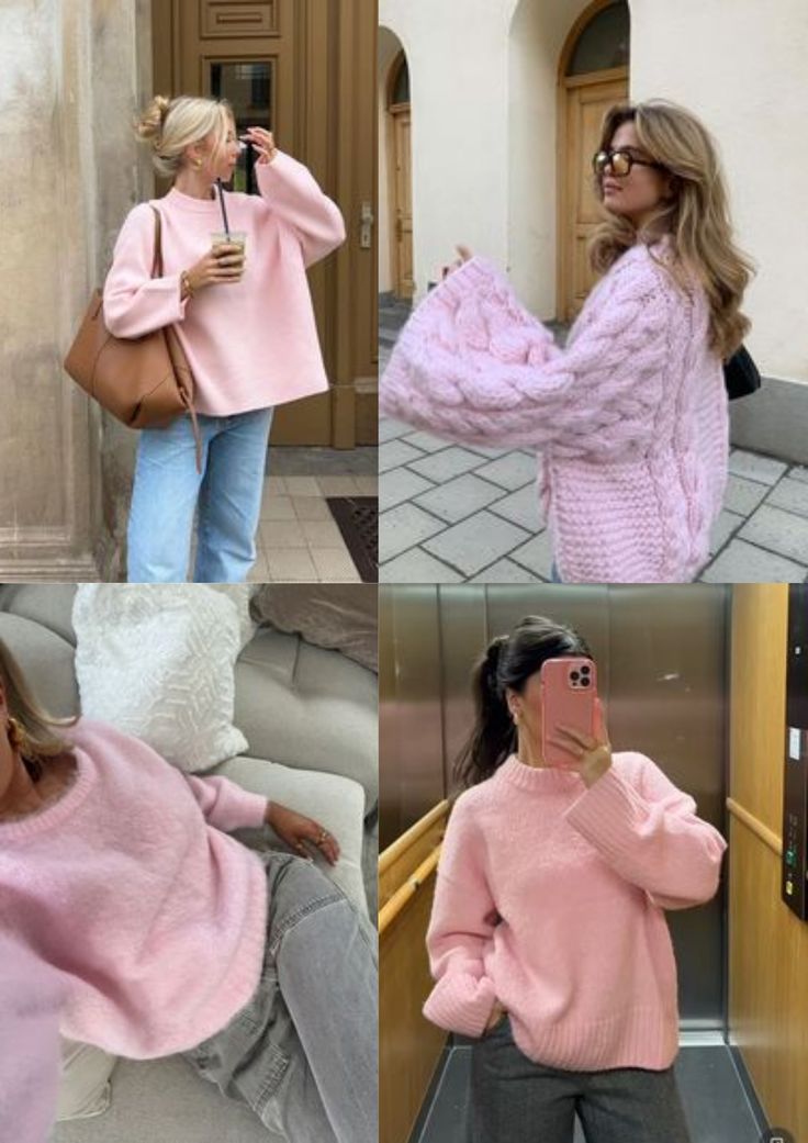 #pink #knitwear #fall #blonde #jumper Pink Knit Jumper Outfit, Pink Knit Top Outfit, Pink Knitwear Outfit, Light Pink Jumper Outfit, Outfit With Pink Sweater, Pink Jumper Outfit Winter, Pink Outfits Aesthetic Winter, How To Style A Pink Sweater, Pink Cozy Outfits