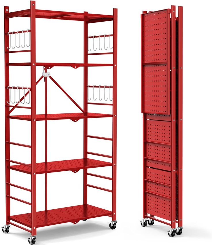 a red metal shelf with two shelves on each side