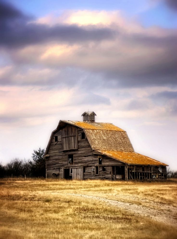 an old wooden barn in the middle of a field with a cloudy sky behind it