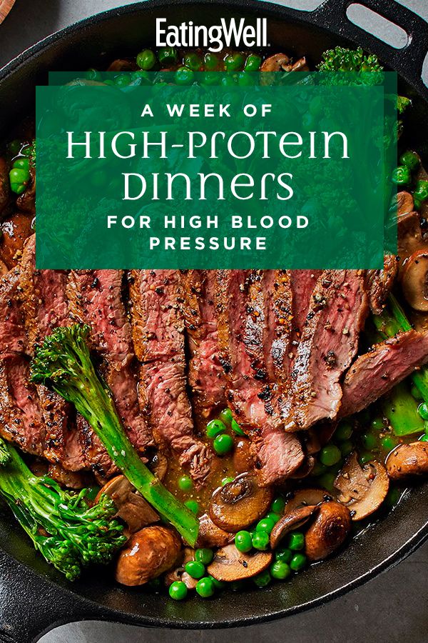 a skillet with steak, mushrooms and broccoli in it is featured on the cover of eatingwell's high - protein dinners for high - protein blood pressure