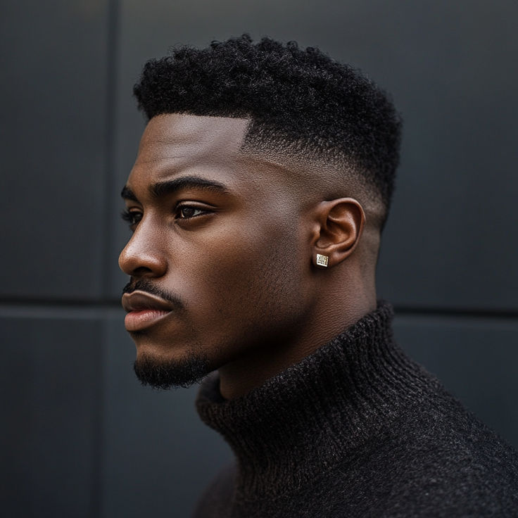 The mid fade sits between the low and high fades, beginning at the top of the ears. It suits many hair lengths and styles, offering a balanced look. This fade is perfect for a professional or casual vibe, thanks to its flexibility. It’s a favorite among black men for its mix of style and modernity. High Top Afro Fade, Buzzcut Men Black, Mid Fade Black Men, High Top Fade Black Men, Black Men Fade Haircut, High Fade Mens Haircut, Black Men Haircut Styles, Temp Fade Black Men, Black Mens Haircuts