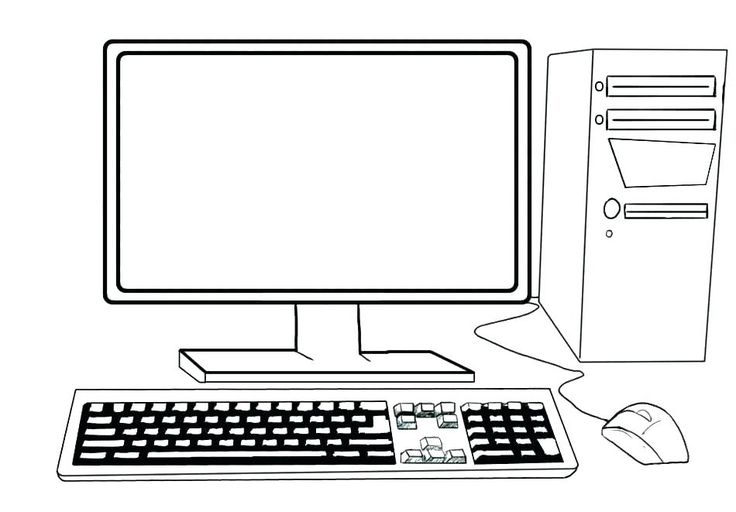 a black and white drawing of a desktop computer with a keyboard, mouse and monitor