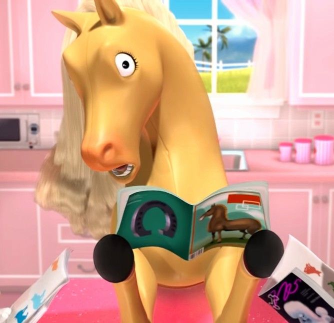 a toy horse reading a book in a pink room