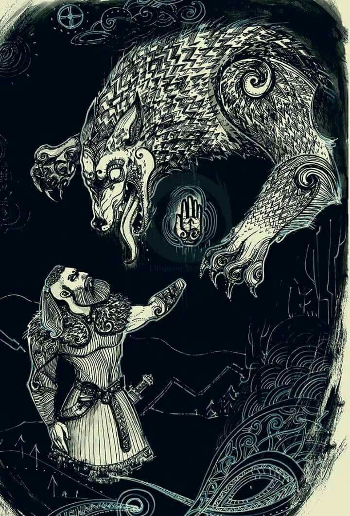 a drawing of two people in front of a wolf and woman with an owl on her head