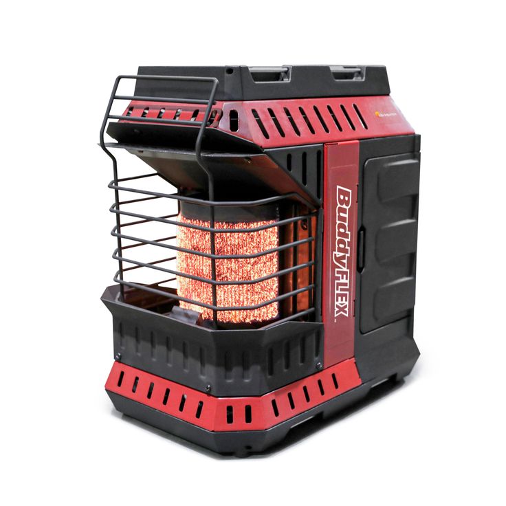 a red and black heater sitting on top of a white surface