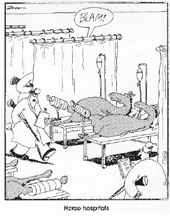 a cartoon drawing of a hospital room with a man laying in the bed and another person standing next to him