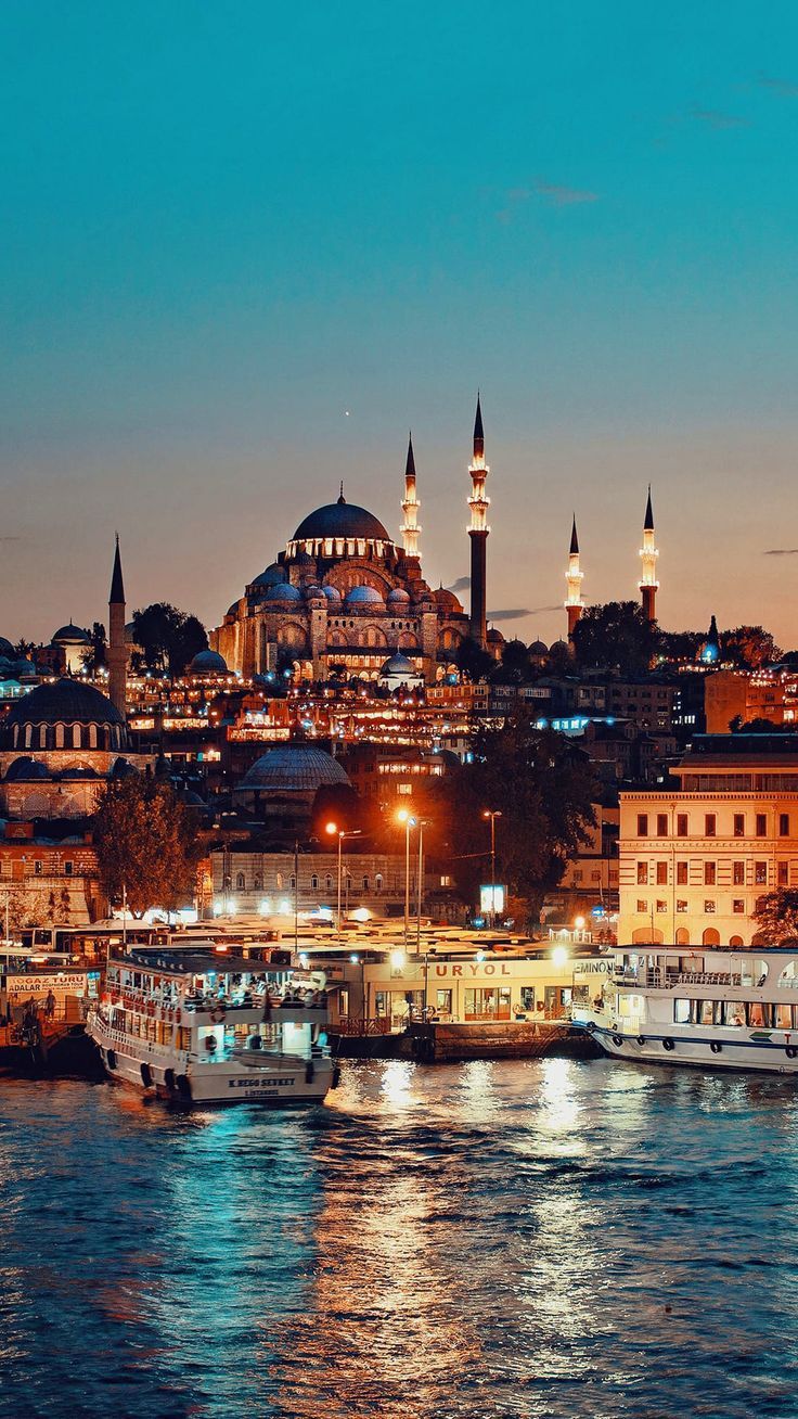 the city skyline is lit up at night, with boats in the water near it