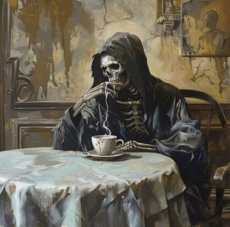 a painting of a skeleton sitting at a table with a cup in front of him