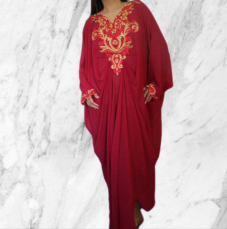 Welcome to our Shop, Gold Embroidery Women Plus Kaftan Abaya Dark Grey, Red, Maxi Dress Long Dress UK 8 10 12 14 16 18 20 22 24 26 US S-XXXXL Chiffon sheer fabric and its not come with the inner dress. Batwing style tunic, it has broidery lace on the waistline, neckline, and sleeves . it has inner skinny  tie to create fit shape of your body size. length from top shoulder to hem front dress approx 56 inch length from top shoulder to hem back dress approx 53 inch Length from shoulder to arm approx 22.5 inch Made to fit UK Size 6 to 20, US Size Small to XXXL Came in Red, Dark Red, Navy Blue, Grey, Pink  Garment Care 30 degrees wash  Return is acceptable as long as item in original condition Colour on the photo might slightly different due to the picture quality, Kaftan is see through and it Eid V-neck Dress With Dabka Work, Traditional V-neck Dress With Dabka Detailing, Red Traditional Drape Kaftan For Party, Elegant Red Kaftan With Traditional Drape, Festive Embroidered V-neck Thobe, Festive Red Kaftan With Dabka Work, Bollywood Style Red Kaftan With Dabka Work, Red Floor-length Kaftan With Resham Embroidery, Traditional V-neck Dabka Dress