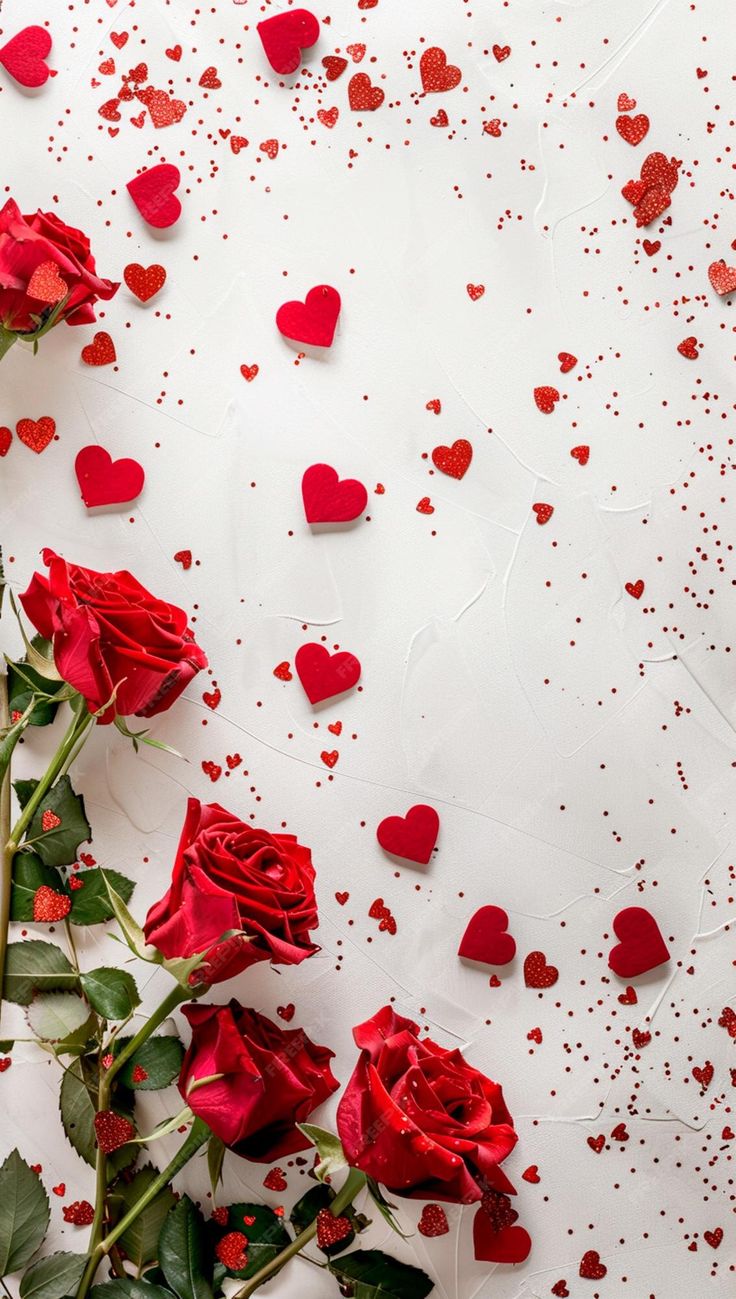 red roses with hearts scattered around them on a white background