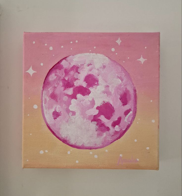 a painting of a pink moon with stars on it