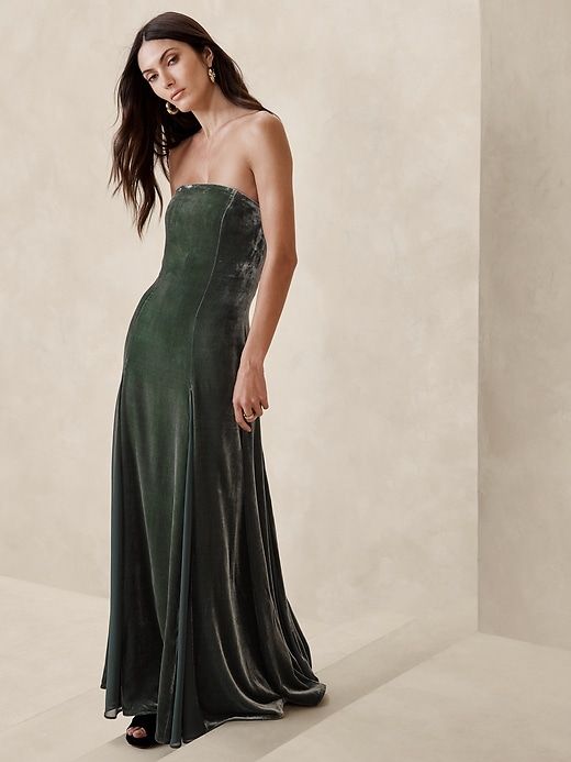 Selene Velvet Maxi Dress | Banana Republic Velvet Dress Green, Fall Bridesmaids, Fall Bridesmaid Dresses, Ikat Dress, Green Velvet Dress, Fall Wedding Guest Dress, Velvet Maxi, Velvet Maxi Dress, Georgette Fabric