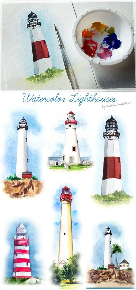 watercolor lighthouses are shown in different stages of painting and then being used to paint them