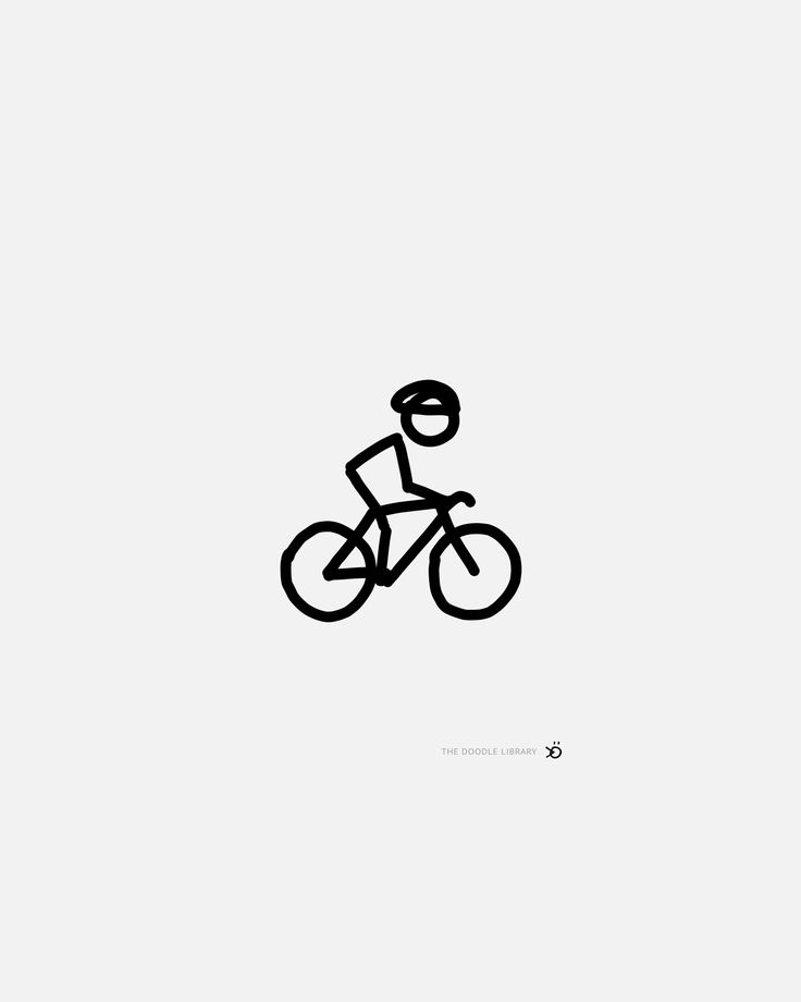 a black and white drawing of a person riding a bike on a light gray background