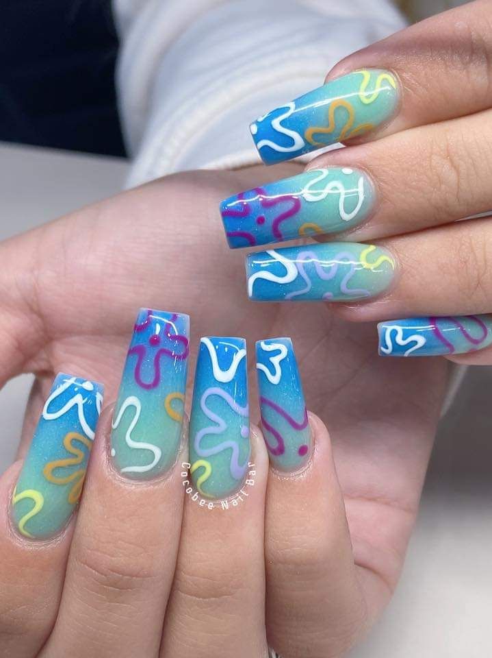 80 Nails Design, Disney Hawaii Nails, Alien Nail Ideas, Spongebob Sky Nails, Gravity Falls Nail Art, Spongebob Inspired Nails, Spongebob Themed Nails, Nerdy Nail Designs, Funky Nail Designs Acrylics