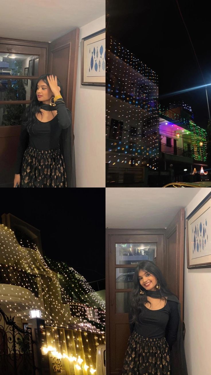 the woman is posing for pictures in front of her house with lights all around her