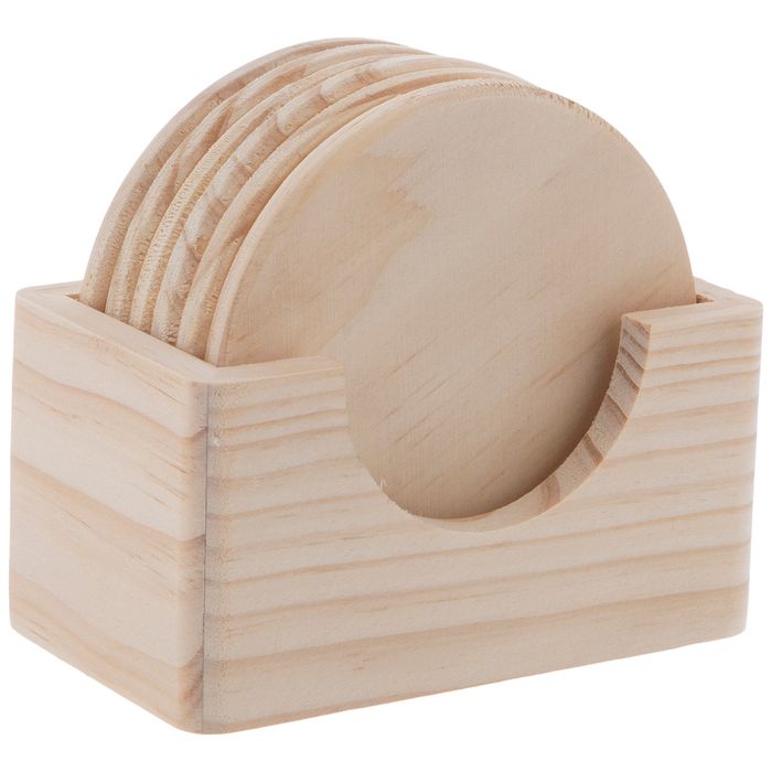 a stack of wooden plates in a holder