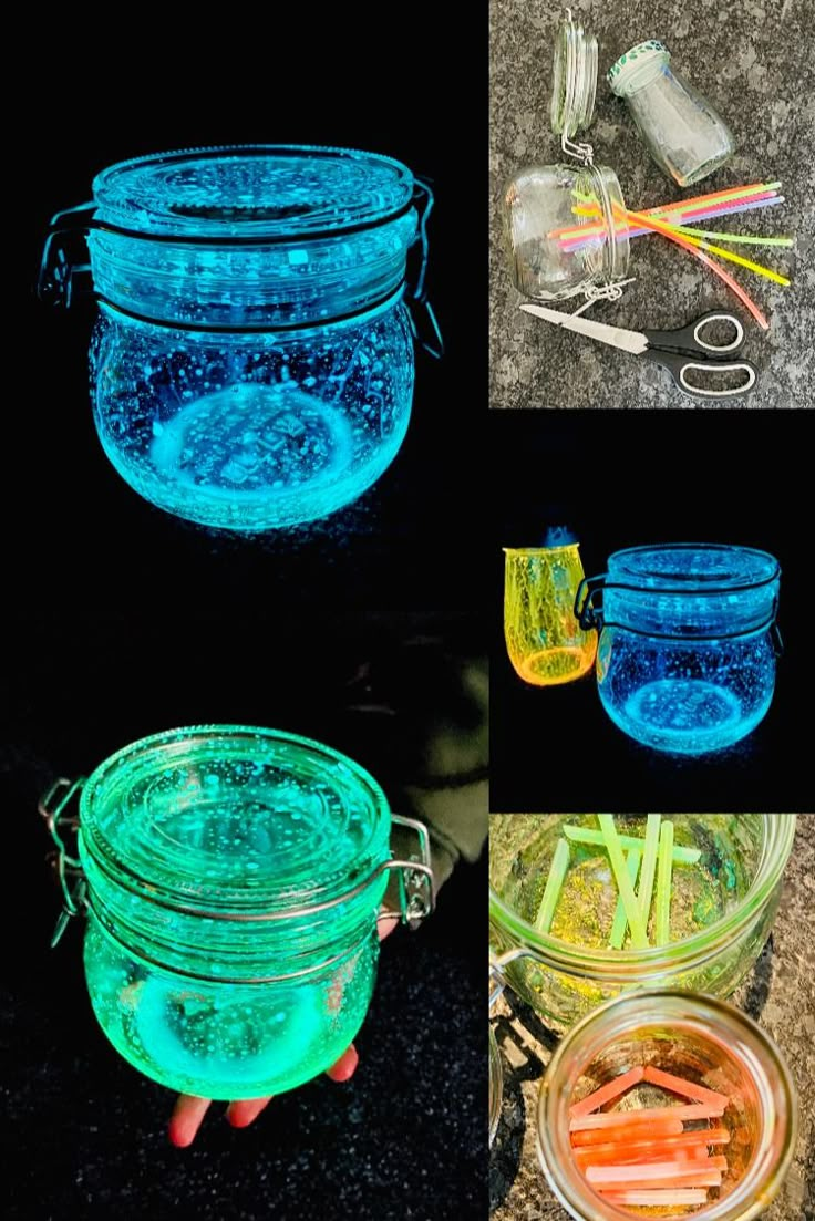 there are four different images of jars with colored liquid and plastic utensils in them