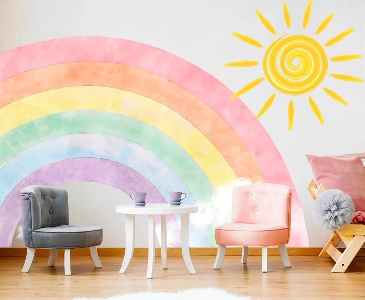 a child's room decorated in pastel colors with a rainbow painted on the wall