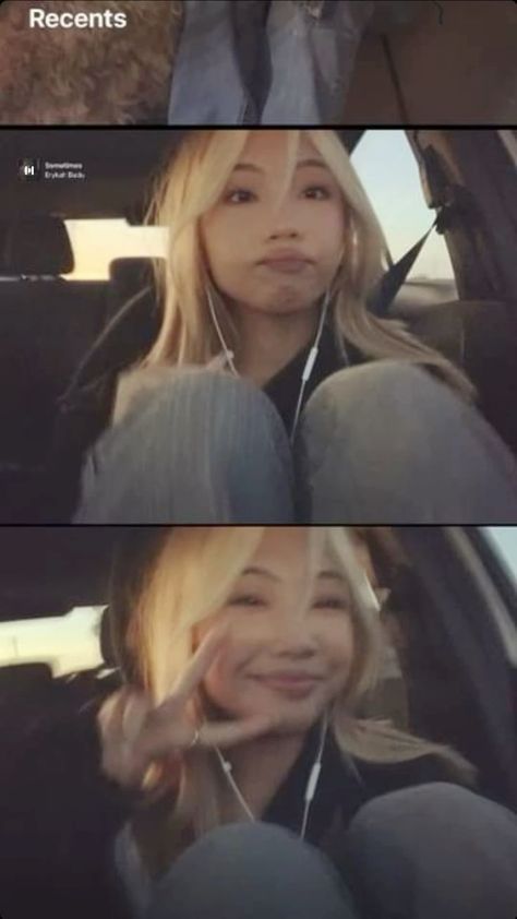 two pictures of a woman sitting in the back seat of a car with headphones hanging from her ears