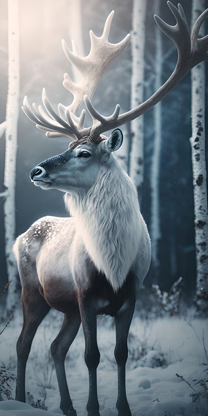 a deer standing in the middle of a forest with antlers on it's head