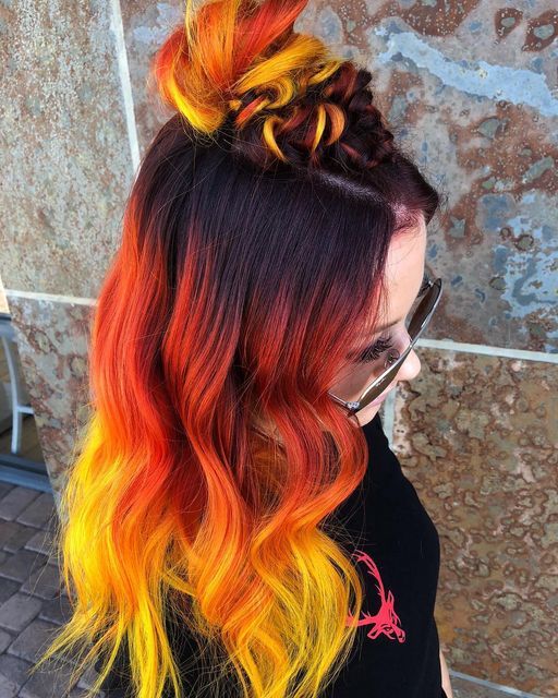 Reverse Fire Ombre Hair, Fiery Hair Color, Amber Hair With Blonde Highlights, Black To Orange Ombre Hair, Fire Color Hair, Phoenix Hair Color, Sunrise Hair Color, Sunset Hair Color Ombre, Vivid Hair Color Ideas